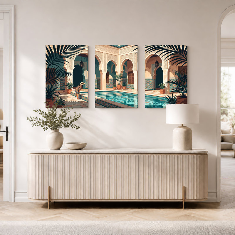 Moroccan Courtyard with Tile Pool and Palm Plants Set Of 3 Canvas Wall Art, 18"H x 12"W x 3pcs