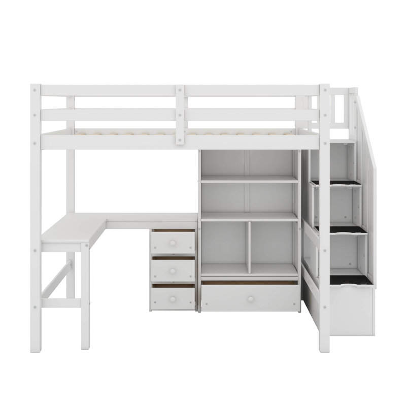 Lit mezzanine double avec bureau en L et tiroirs, Blanc