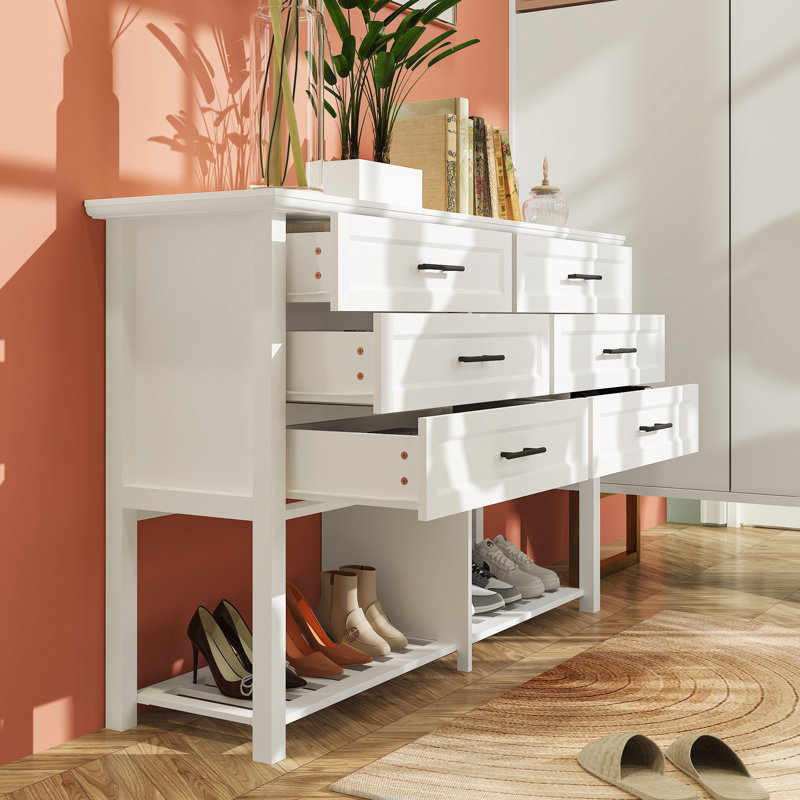 6 Drawers White Wooden Console Table With Open Storage Shelf