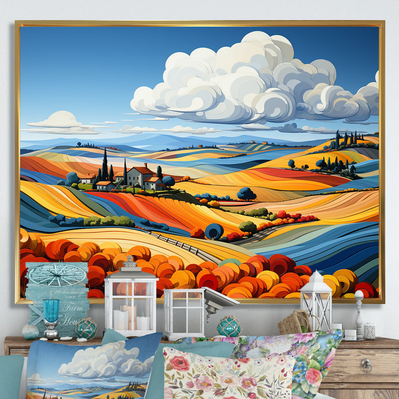 «Countryside Fusion Unveile - Farm Wall Art Living Room», H 34 po x l 44 po x P 1,5 po, Cadre flottant doré