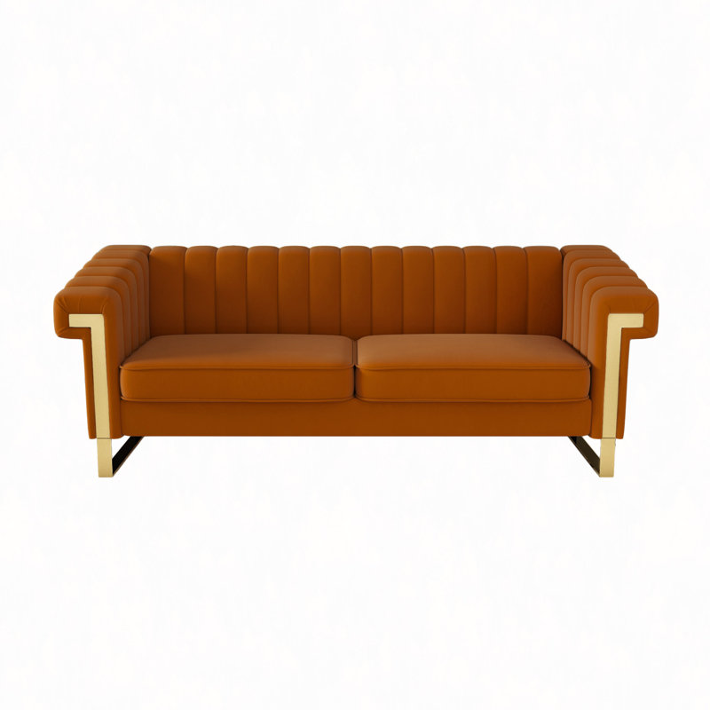 Canapé en velours, canapé Chesterfield 3 places avec capitonnage à rainures verticales, accoudoirs et pieds à garniture métallique, canapé rembourré de salon avec assise profonde