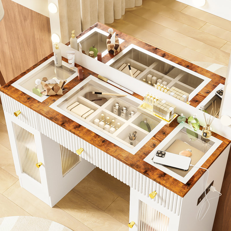 Meuble-lavabo de 43,3 po avec grand miroir et ampoules Hollywood