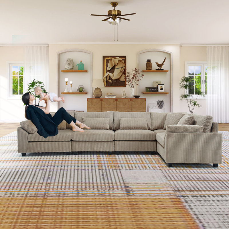 Wartow 5 Piece Corduroy Modular Sectional, RAF, LAF, Symmetrical, Brown Corduroy