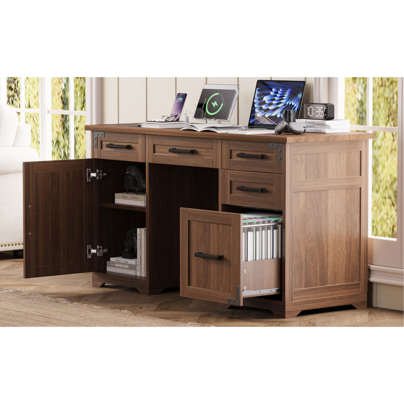 Bureau de direction 55 po avec station de charge et prise de courant, bureau d'ordinateur personnel avec 5 tiroirs et armoire, table de travail en bois rustique avec tiroir classeur