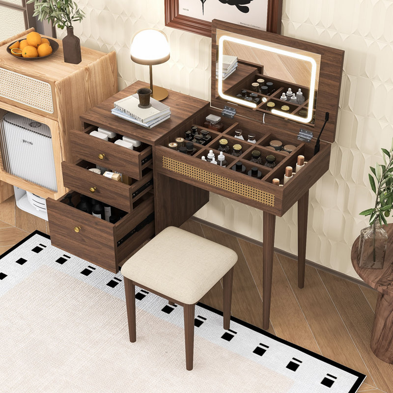 Vantiy Desk with Mirror, LED Lights, Drawers and Compartments