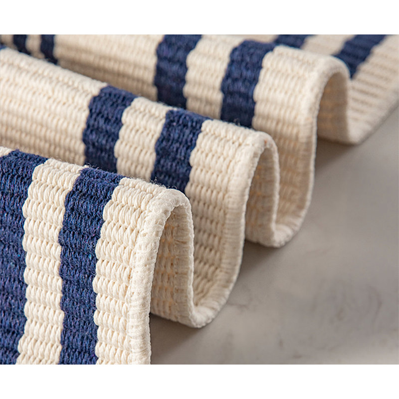 Tapis rayé tissé en mélange de coton bleu marine, Rectangulaire 2 pi x 3 pi