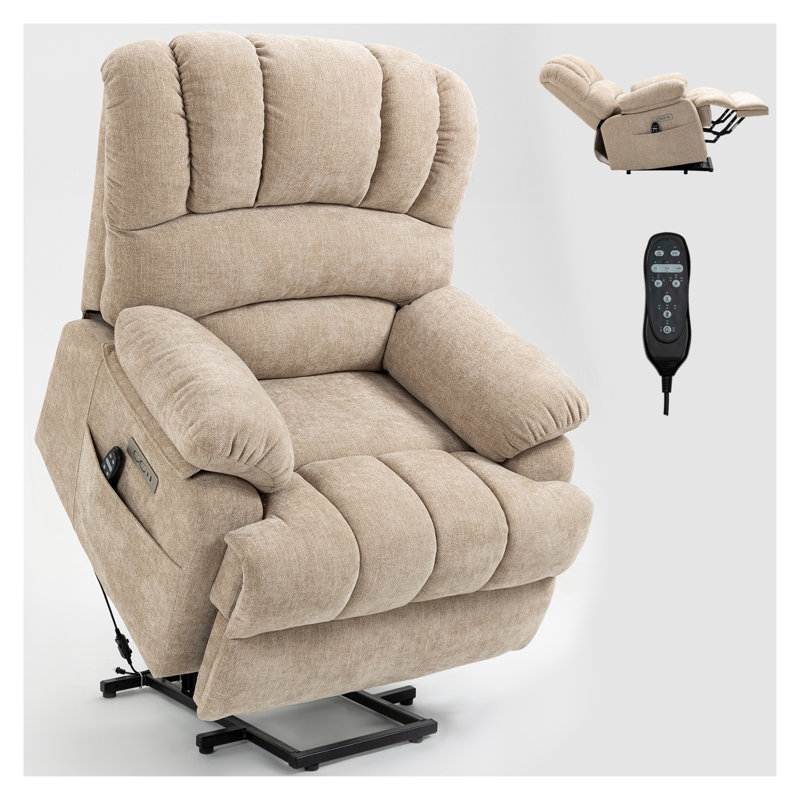23" Oversized Power Lift Recliner Chair with 8-Point Vibration Massage and Lumbar Heating, Beige Chenille Upholstered Heavy Duty Reclining Chair for Elderly