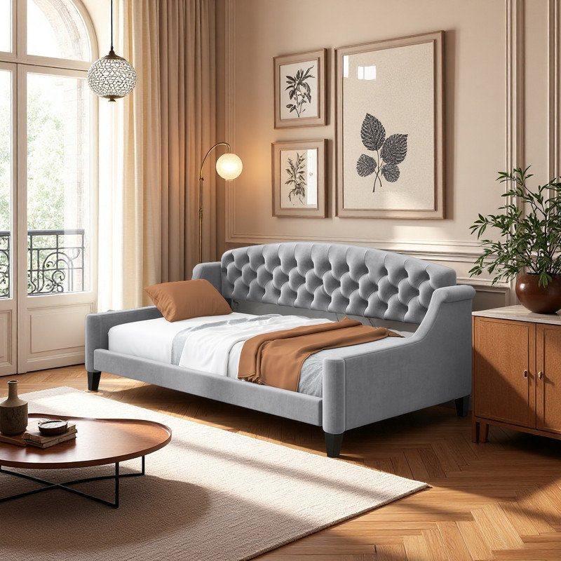 Lit de jour simple avec bouton capitonné, Lit simple, gris