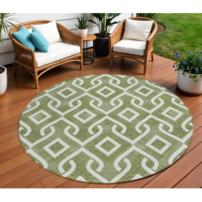 Tapis intérieur / extérieur rond lavable 8 pi vert olive et ivoire