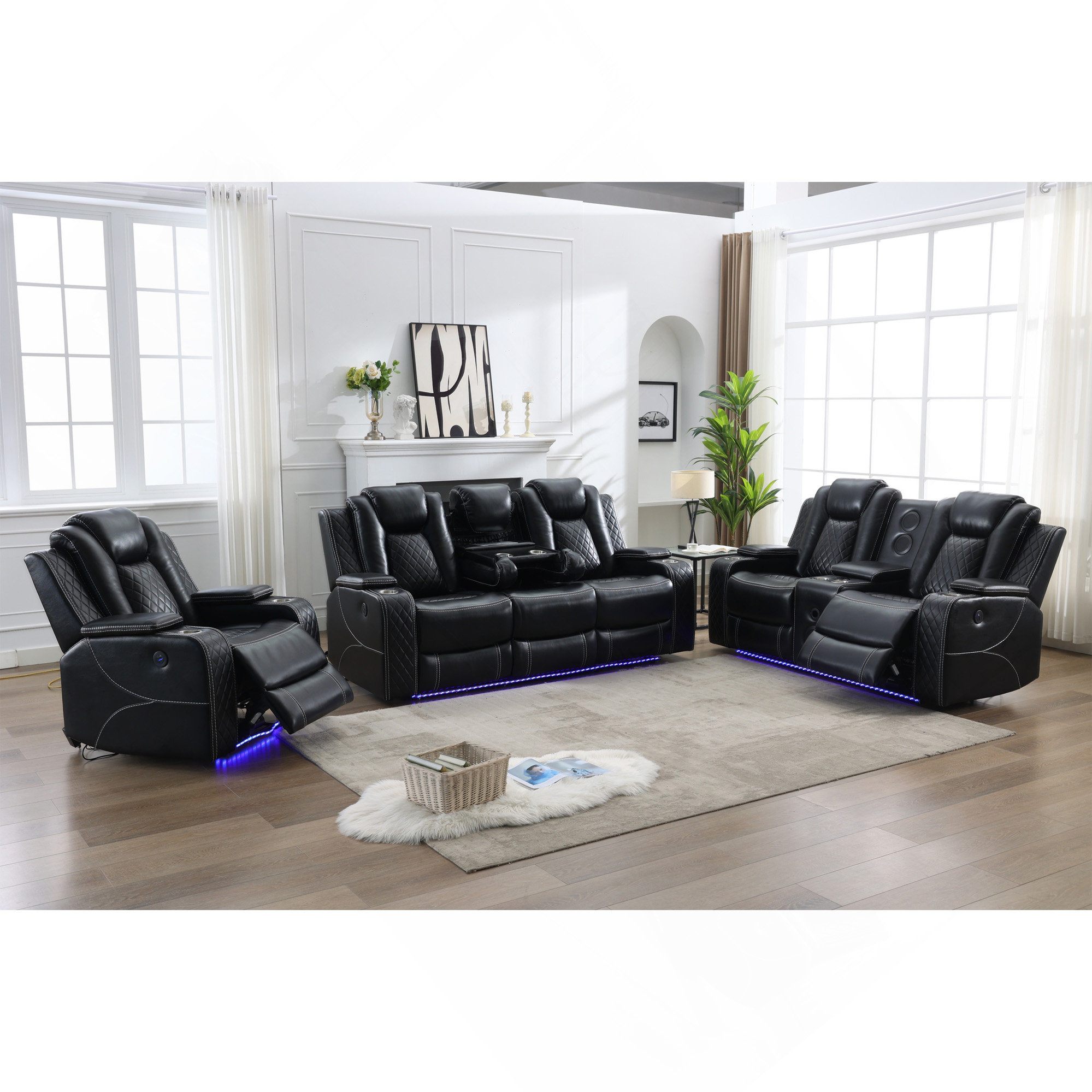 Hokku Designs Power Reclining Sofa Set 3+2+1 With DDT / LED Strip ...