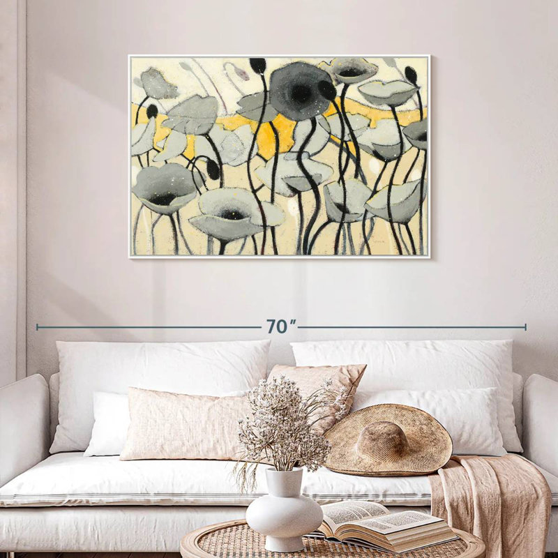 Fleur de jour de neige gris, Cadre flottant blanc, 43 po x 29 po