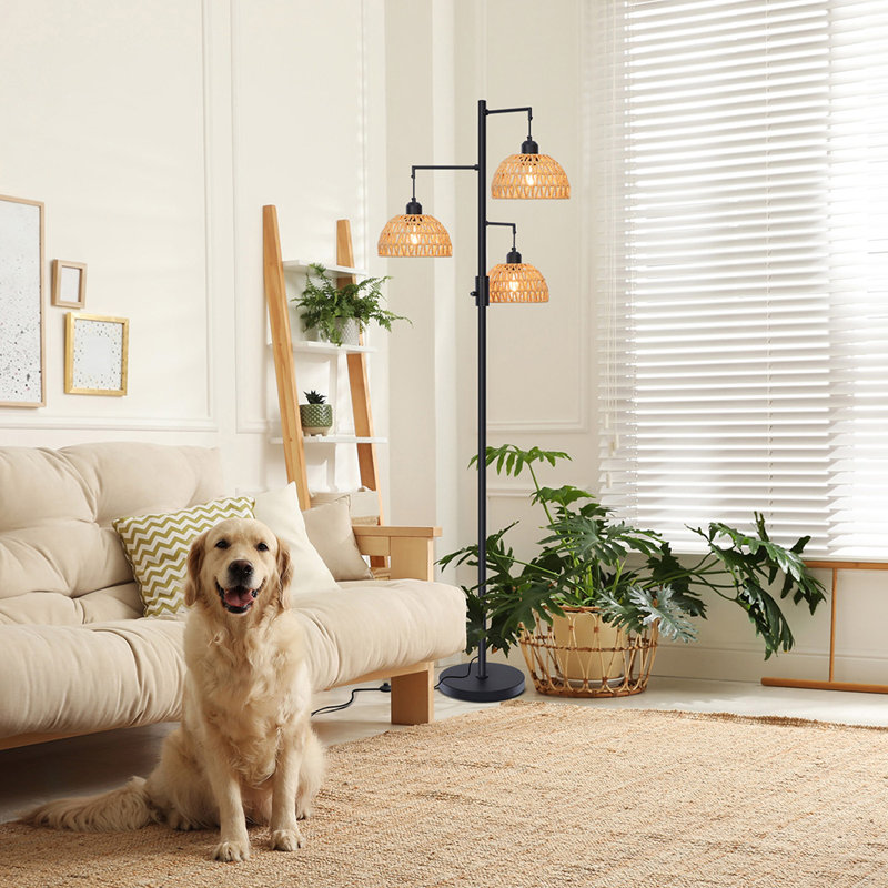 70" Dimmable Tree Floor Lamp 3-Light Boho Rattan Standing Lamp Farmhouse Decor (Bulbs Included)