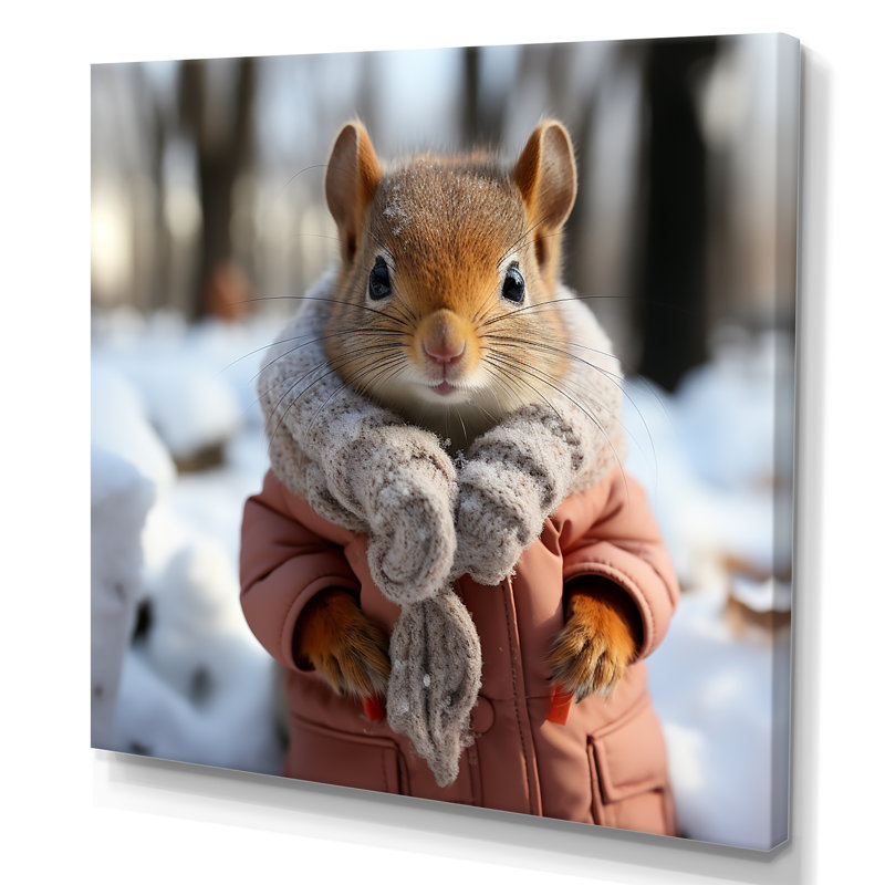 Mignon écureuil avec foulard dans la neige II - écureuil, art mural, Toile tendue, 16" H x 16" W