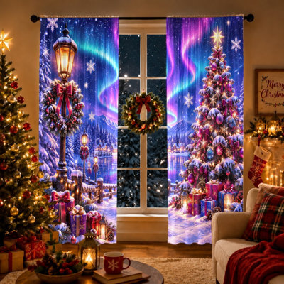 2Pcs Winter Wonderland Christmas Curtains, Aurora Borealis Snowy Village Festive Tree Window Drapes for Living Room Bedroom Kitchen Rod Pocket Light Filtering Curtains, Home Decor, Holiday Decorations, Christmas Decor