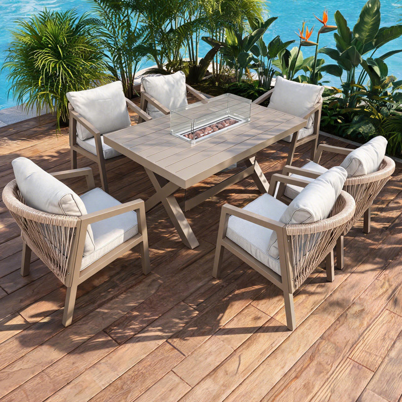 Patio Dining Set, Firepit Table and 6 Seat