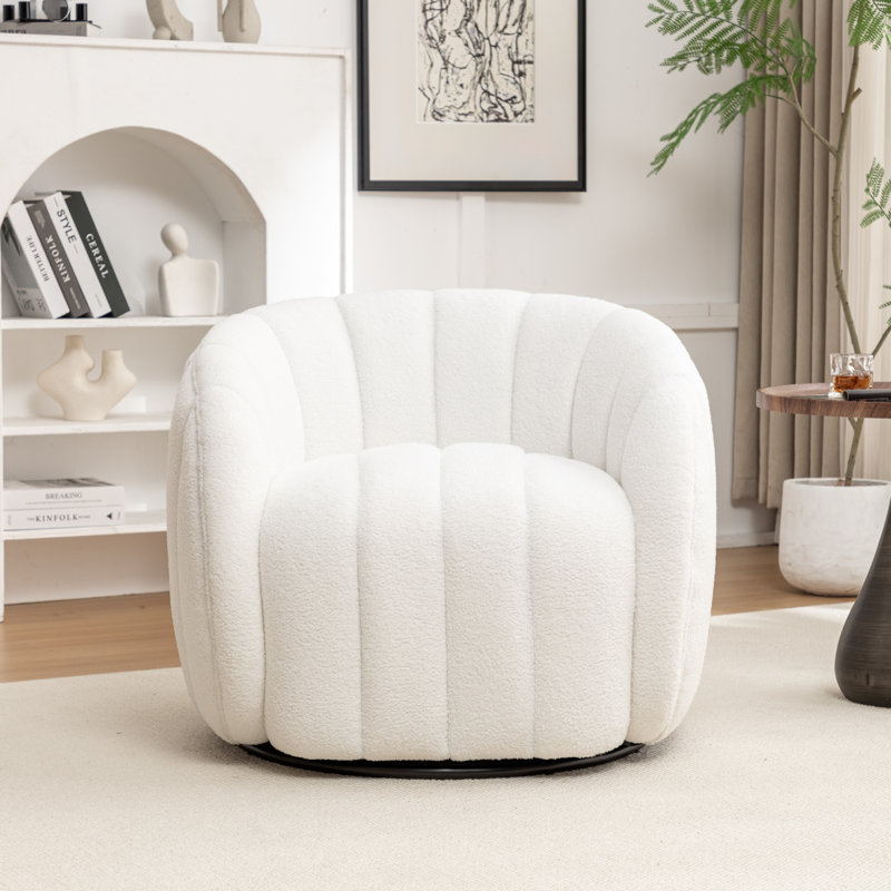 Upholstered Swivel Barrel Chair, White Polyester Blend