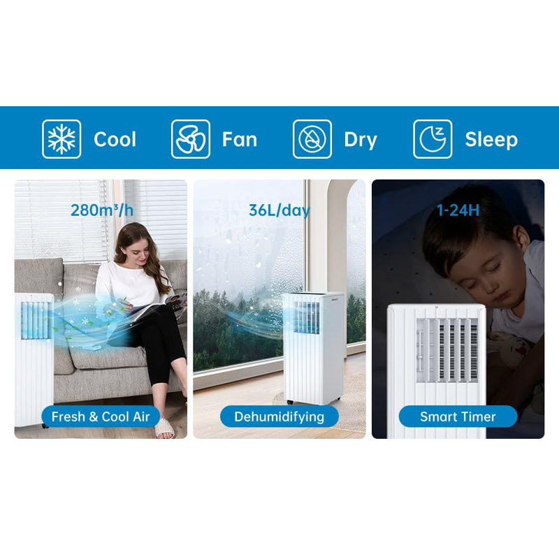 3in1 Portable Air Conditioner 7000 BTU - Cooling Dehumidifier (36L/Day) Quiet Fan - 2 Speeds,24H Timer, Remote Control Energy Efficient Mobile AC for Rooms up to 300 sq.ft, Window Kit Included - White