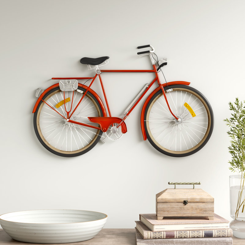 Red and Chrome Metal Bicycle Wall Sculpture with Seat