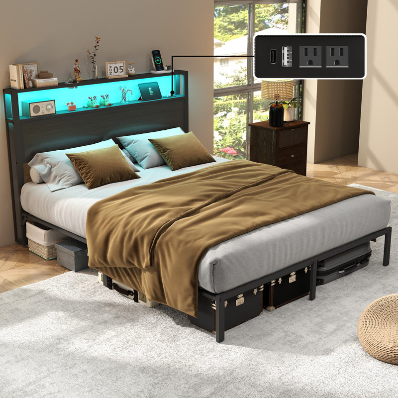 Bed Frame with 2-Tier Storage Headboard, Platform Bed with LED Lights and Charging Station, Underbed Storage Space, Full