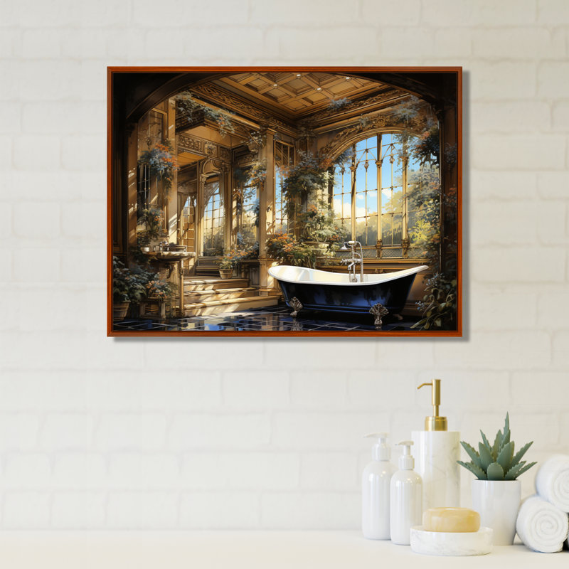 Salle de bain Golden Luxe II - Art mural de salle de bain, H 34 po x l 44 po x P 1,5 po, Cadre flottant brun