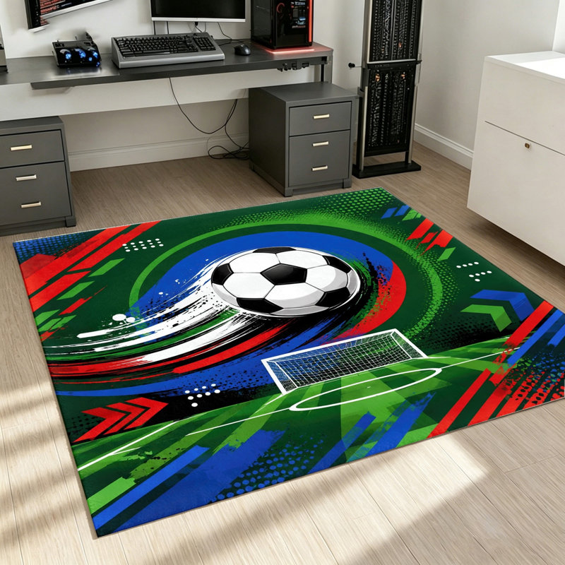 Sports Soccer Ball Area Rug, Indoor Floor Mat, Washable Stain Resistant Non-Slip, Decorative for Living Room, Bedroom, Game, Theme Decor