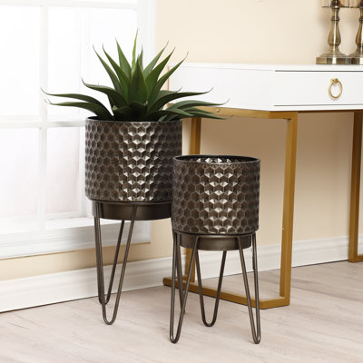 Adalid Set of 2 Metal Planters with Stand, Honeycomb Cachepot Indoor Planter Set