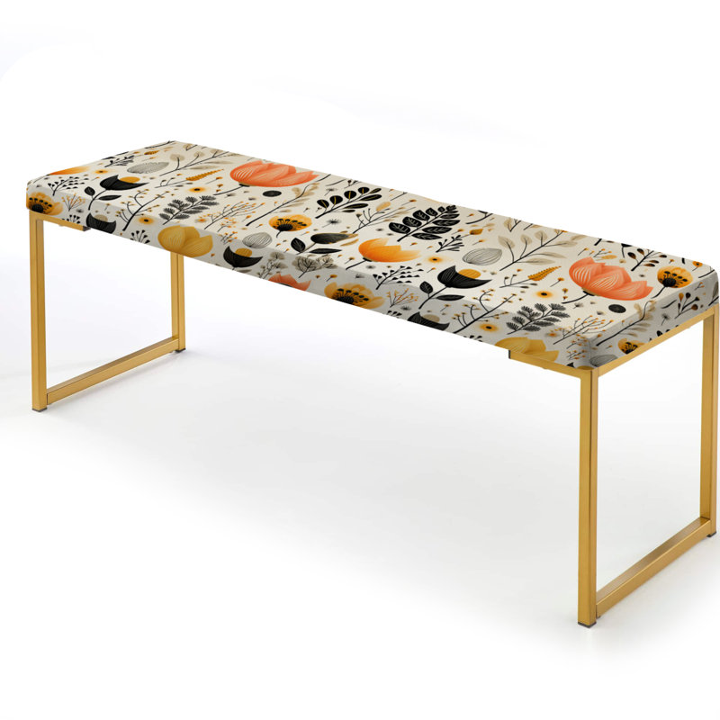 Floral Upholstered Gold Bench, Beige Bohemian Bliss Floral 