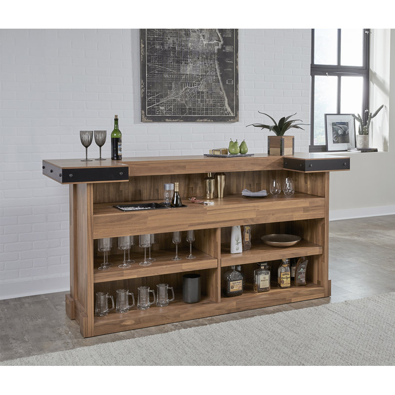Knoxville Acacia Wood Home Bar with Matte Black Metal Accents
