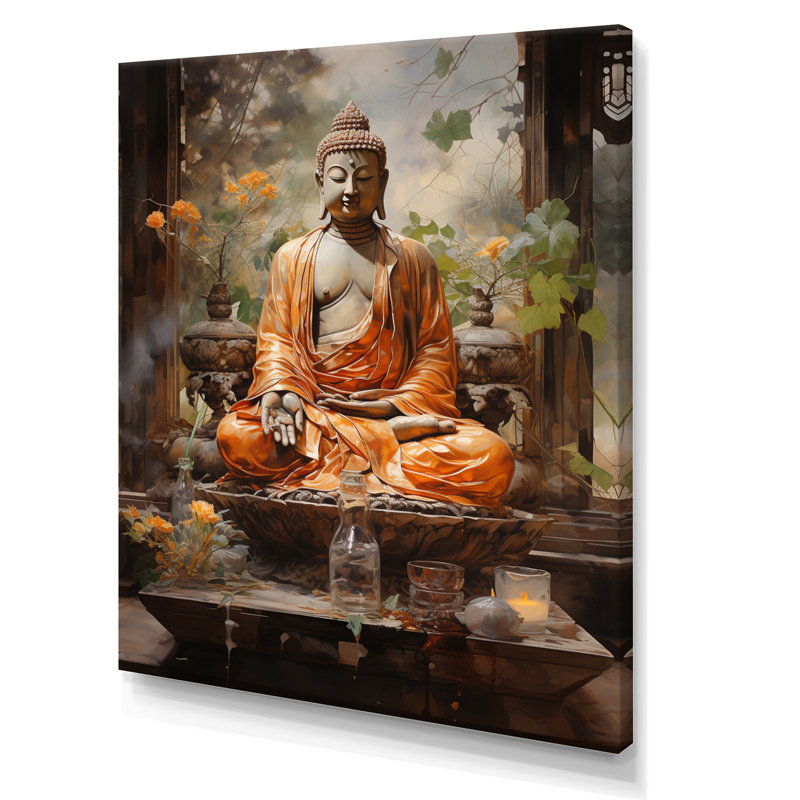 Art bouddhiste orange et gris, Bouddha, art mural, L 24 po x H 32 po x P 1 po, Toile tendue