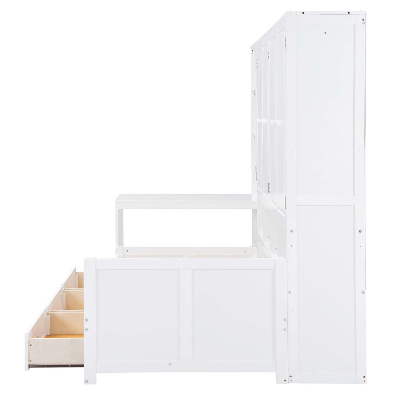 Lit de jour en bois avec trois tiroirs, armoire tout-en-un, bureau et tablettes, Lit simple, Blanc