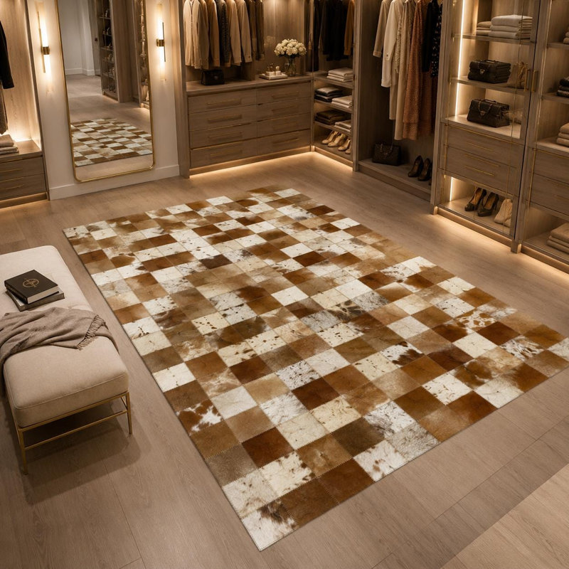 Tapis en cuir de vache patchwork fait à la main, tapis moderne en cuir damier, 9 x 12 ft