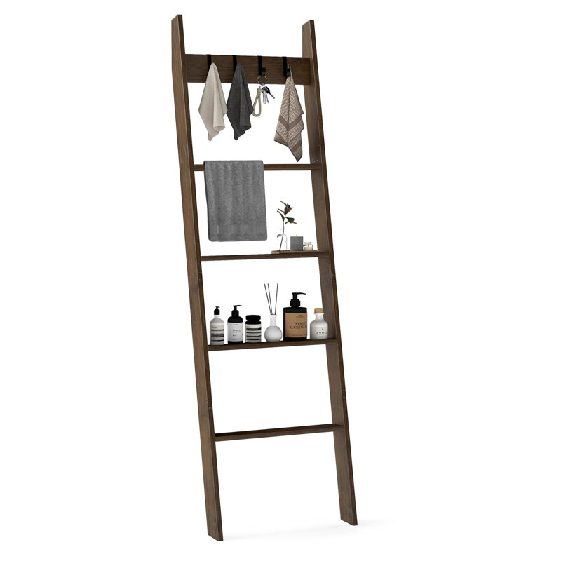 5-Tier Bamboo Rug Ladder With 4 Removable Hooks