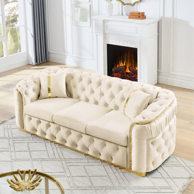 Modern Luxury 3 Velvet Couch, 90.6 Inches Beige With 2 Pillows, Gold Stainless Steel Accents For Living Room Couch Room, 3 Seater Accents, Design