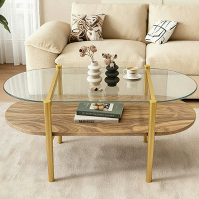 Table basse à deux couches de conception ovale pour espace de vie principal, 41 po x 21 po x 17 po, style contemporain, verre transparent et bord arrondi avec rangement ouvert, 41 po de longueur, pièce moderne, trempé