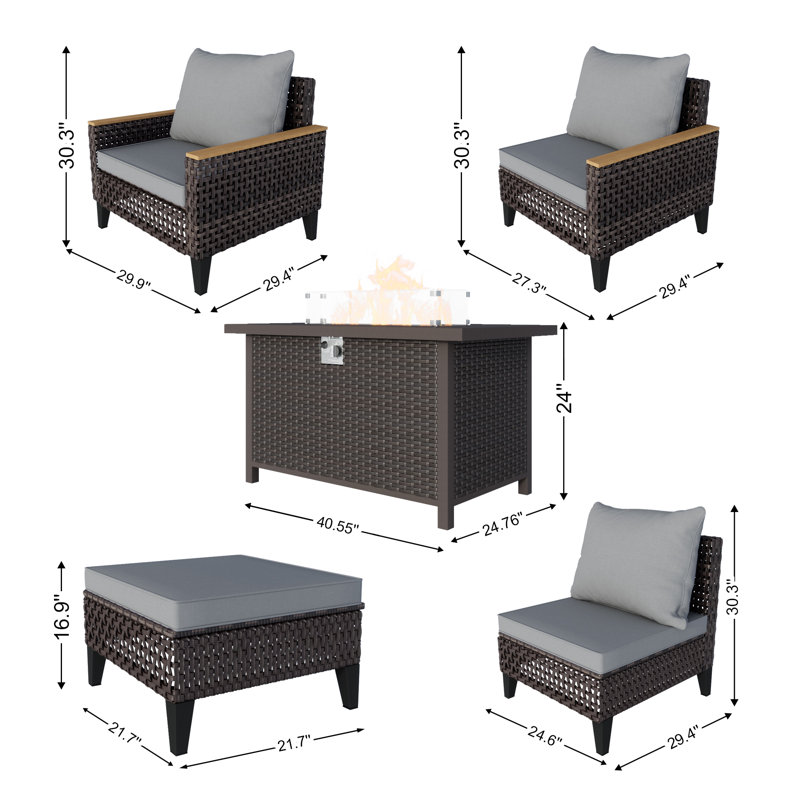 Ensemble de conversation de patio en osier de 8 pièces avec coussins et table de foyer d'extérieur de 50 000 BTU pour le jardin (gris)