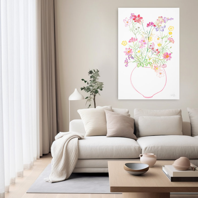 Art contemporain contemporain coloré délicat avec fleur rose délicate, H 60 po x l 40 po