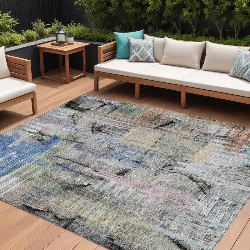 Tapis extérieur lavable abstrait bleu 9 pi x 12 pi bleu et cuivre