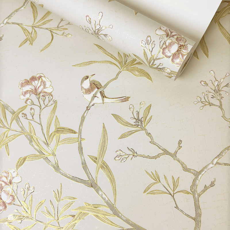 Rouleau oriental de plantes et d'oiseaux, L 393,7 po x l 20,87 po, Rose