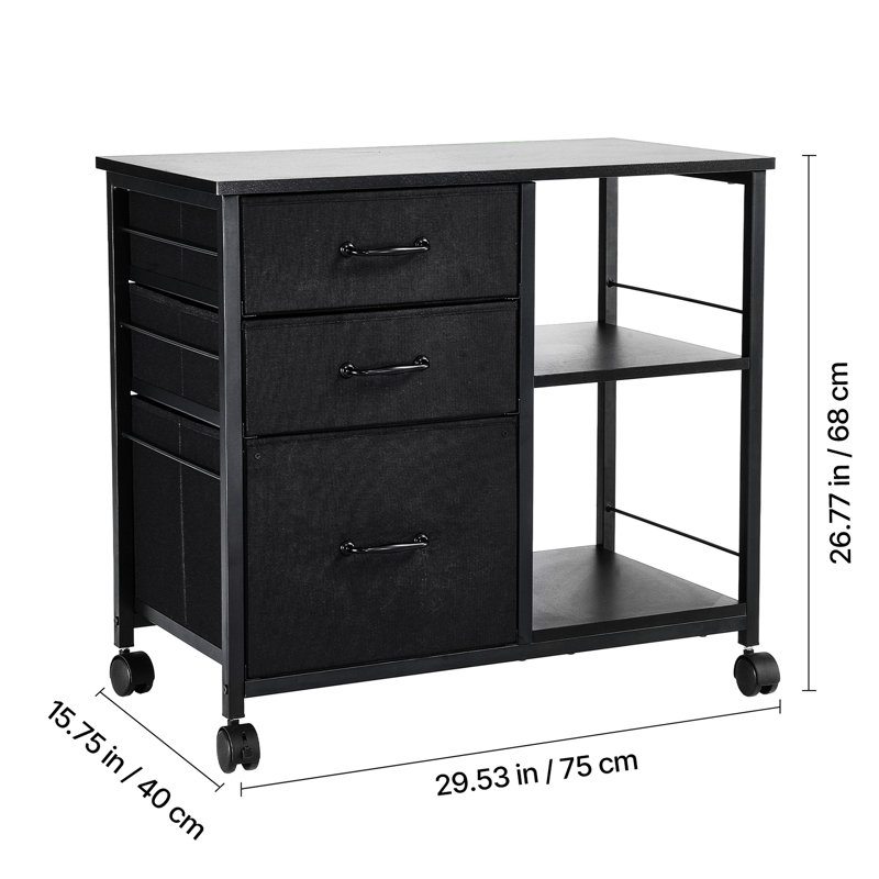 Classeur mobile en métal noir avec 3 tiroirs en tissu et 2 tablettes ouvertes.