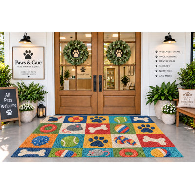5' x 7' Outdoor Area Rug, Colorful Pet Balls Bones and Paw Prints Design, Waterproof PVC Coil Loop Carpet, Heavy Duty Quick Dry Mat, for Porch, Deck, Balcony, Pet Clinic