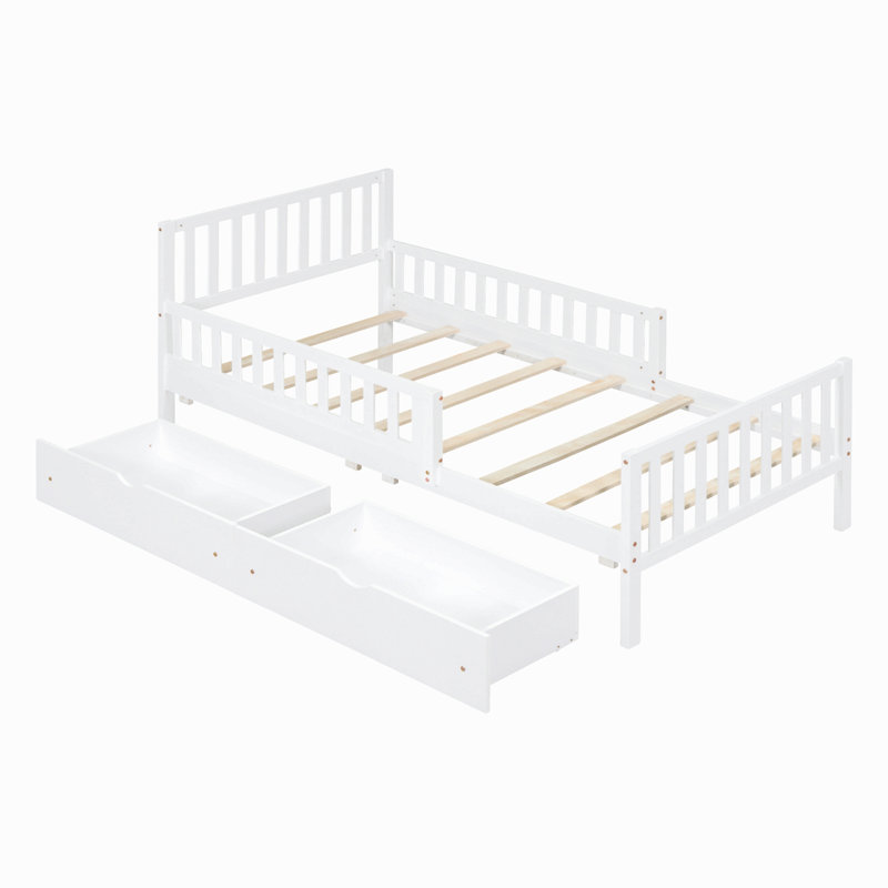 Lit plateforme en bois avec garde-corps des deux côtés et deux tiroirs de rangement, Lit simple, Blanc