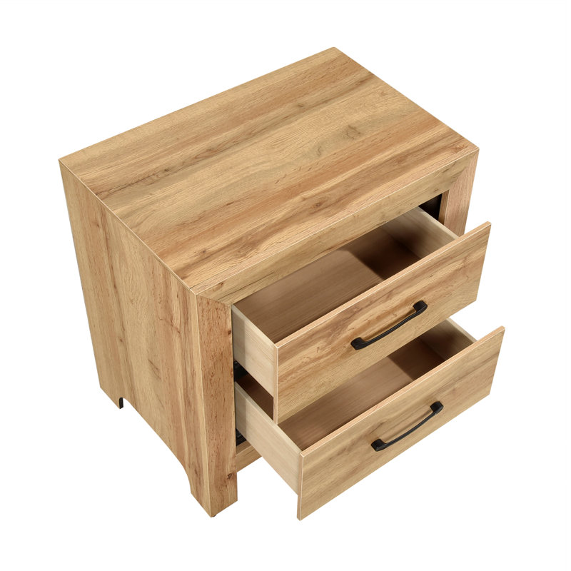 Natural Finish 2-Drawers Nightstand Storage Bedroom Furniture, Black Handles Bedside Table 1Pc, Natural