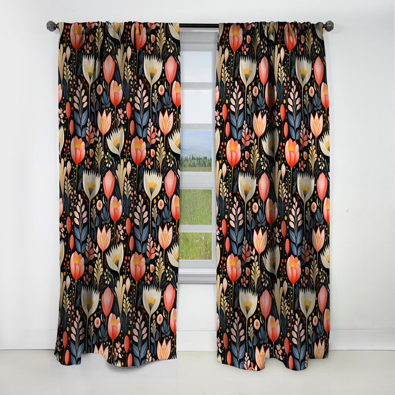 Feuilles multicolores botaniques sur motif noir I - Rideau occultant floral - 1 panneau, L 52 po x L 90 po
