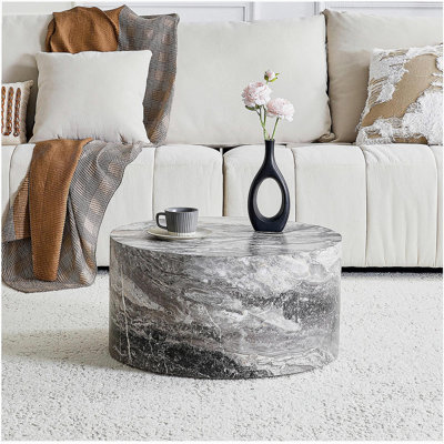 Simple Grey Marble Round MDF Coffee Table: 23.6" Diameter × 11.8" Height, Modern Minimalist Style, Perfect for Living Room, Apartment & Home Decor.No Need Assembly.