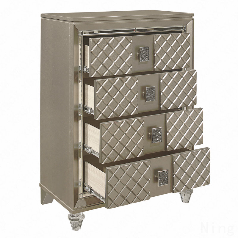 Finition champagne glamour, commode 1 pièce, 4 tiroirs, pieds en acrylique, garniture de miroir de luxe