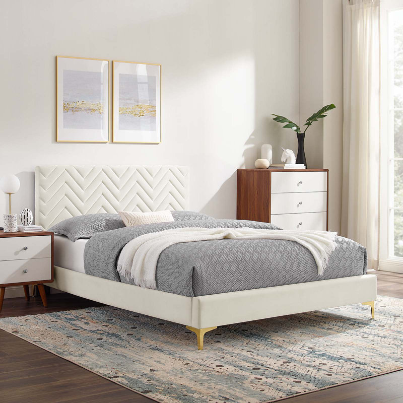 Lit plateforme en velours Leah, Grand, Blanc