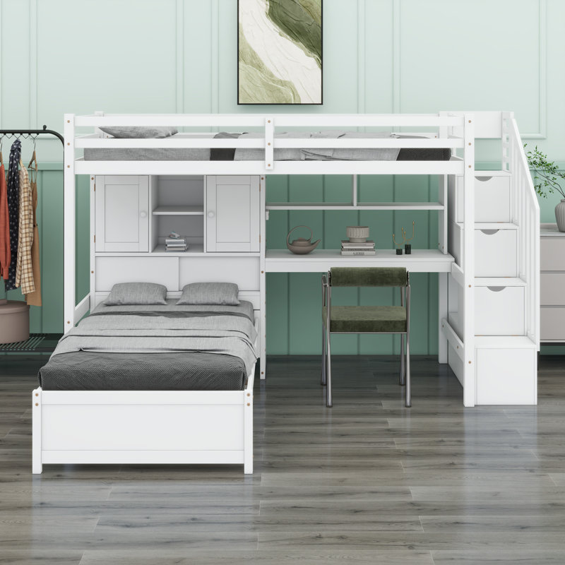 Loft Bed With Built-In Desk And Staircase, White