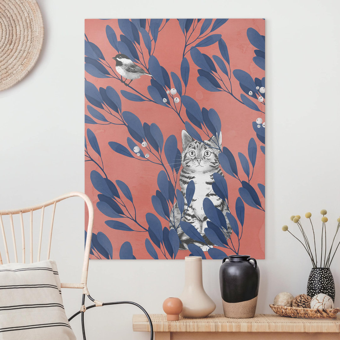 Leinwandbild Illustration Katze und Vogel auf Ast Blau Rot