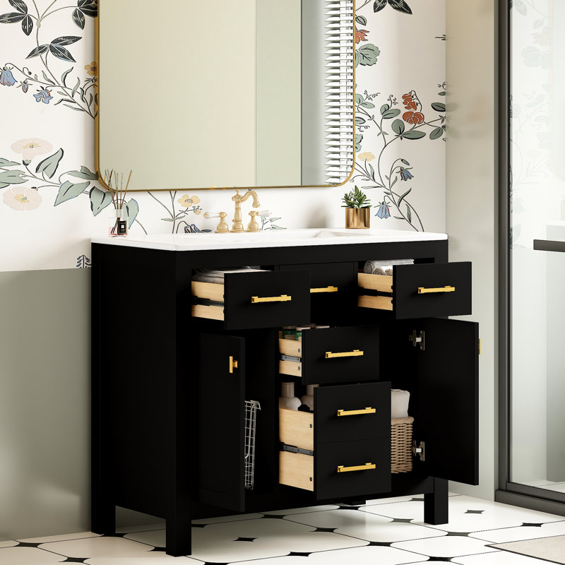 Meuble-lavabo moderne avec lavabo en céramique, armoire 36 po à 4 tiroirs et 2 portes, bois massif, finition noire, Noir