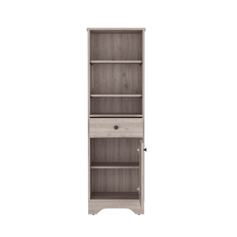 Armoire à linge brûlé, un tiroir, une armoire, plusieurs tablettes, finition gris clair